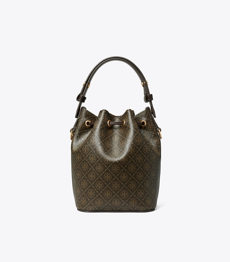 Tory Burch designer crossbody bags T Monogram Coated Canvas Mini Bucket Bag in French Press angle