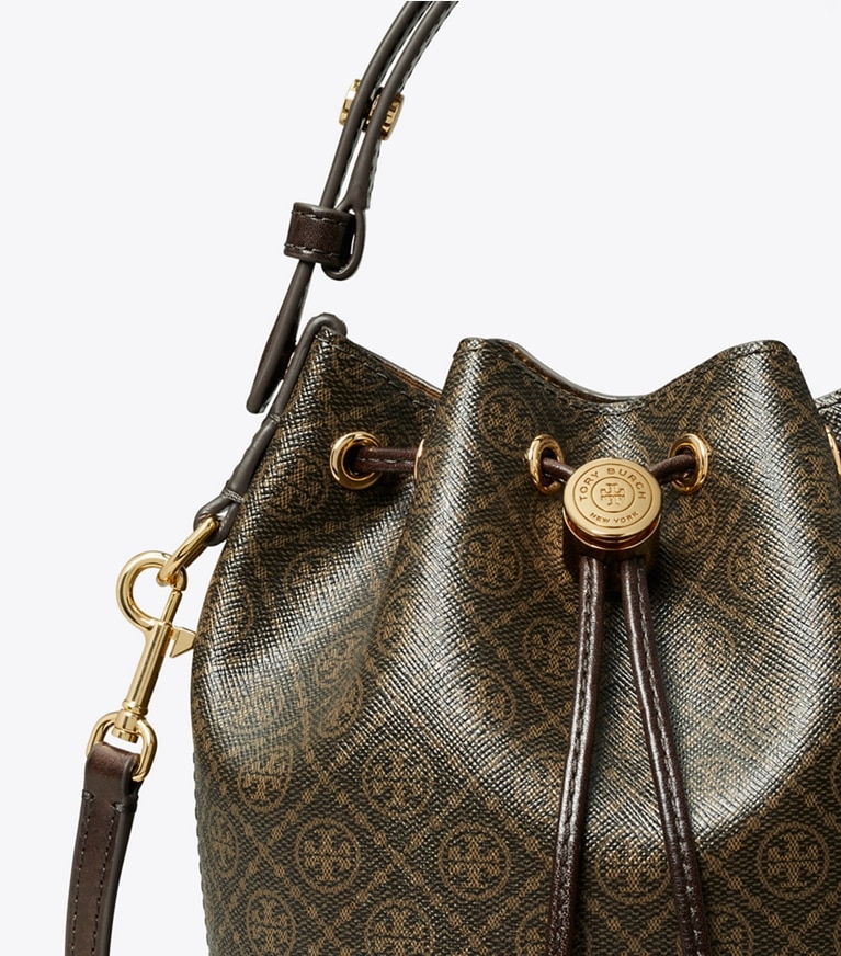 Tory Burch designer crossbody bags T Monogram Coated Canvas Mini Bucket Bag in French Press angle