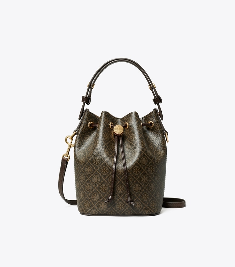 Tory Burch designer crossbody bags T Monogram Coated Canvas Mini Bucket Bag in French Press front