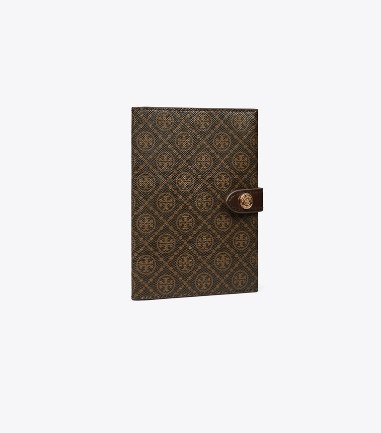 Tory Burch designer travel accessories T Monogram Coated Canvas Passport Case in French Press angle