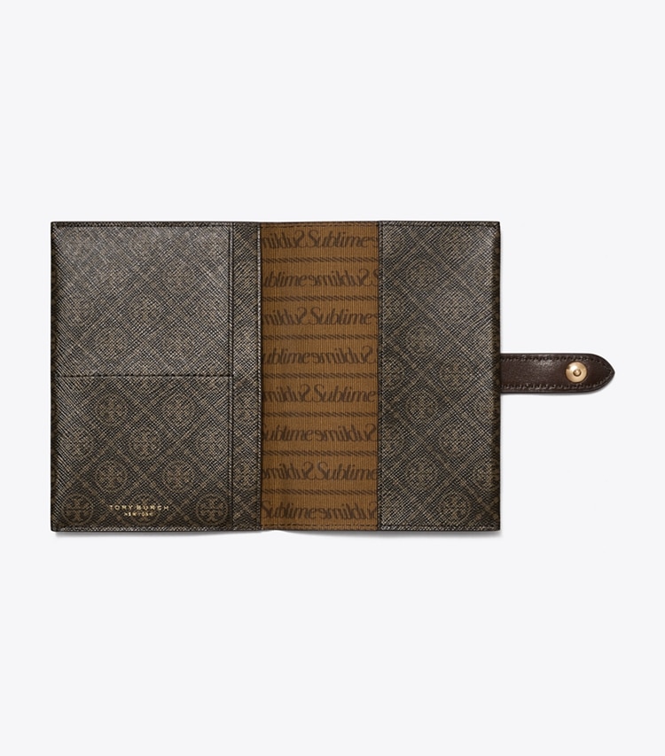 Tory Burch designer travel accessories T Monogram Coated Canvas Passport Case in French Press overhead