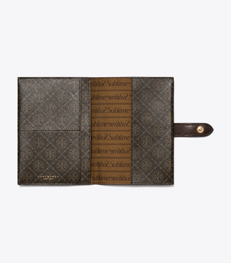 Tory Burch designer travel accessories T Monogram Coated Canvas Passport Case in French Press angle