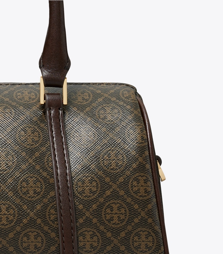 Tory Burch designer crossbody bags T Monogram Coated Canvas Petite Barrel Bag in French Press angle
