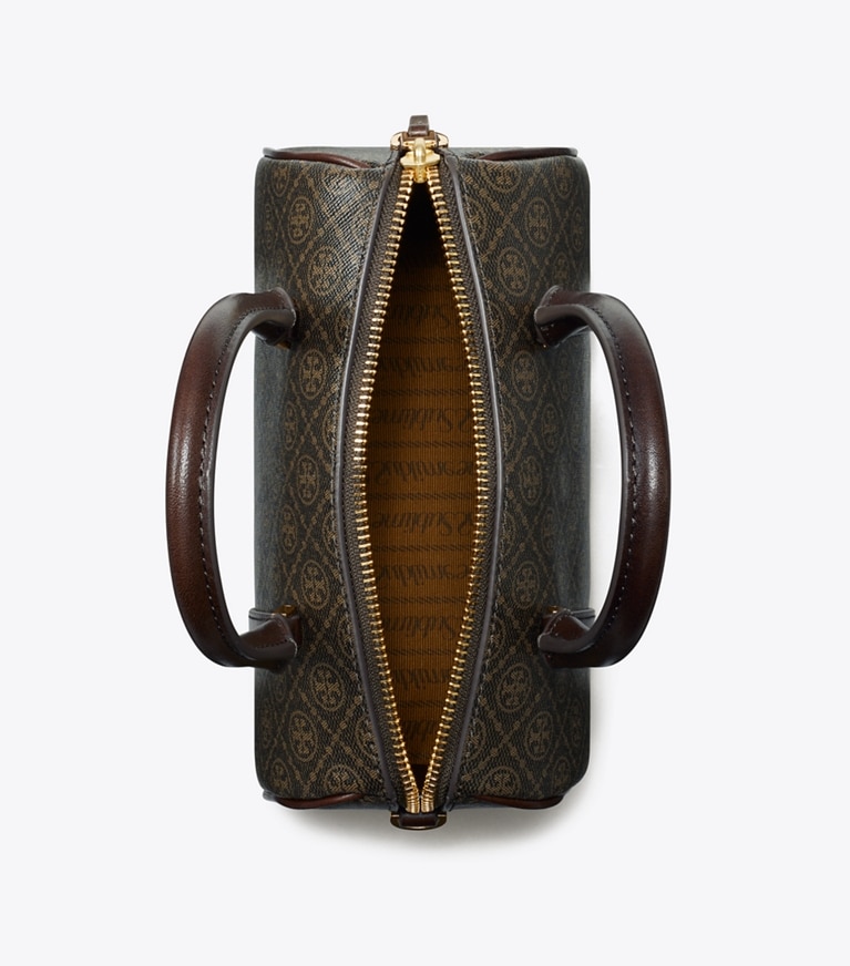 Tory Burch designer crossbody bags T Monogram Coated Canvas Petite Barrel Bag in French Press angle