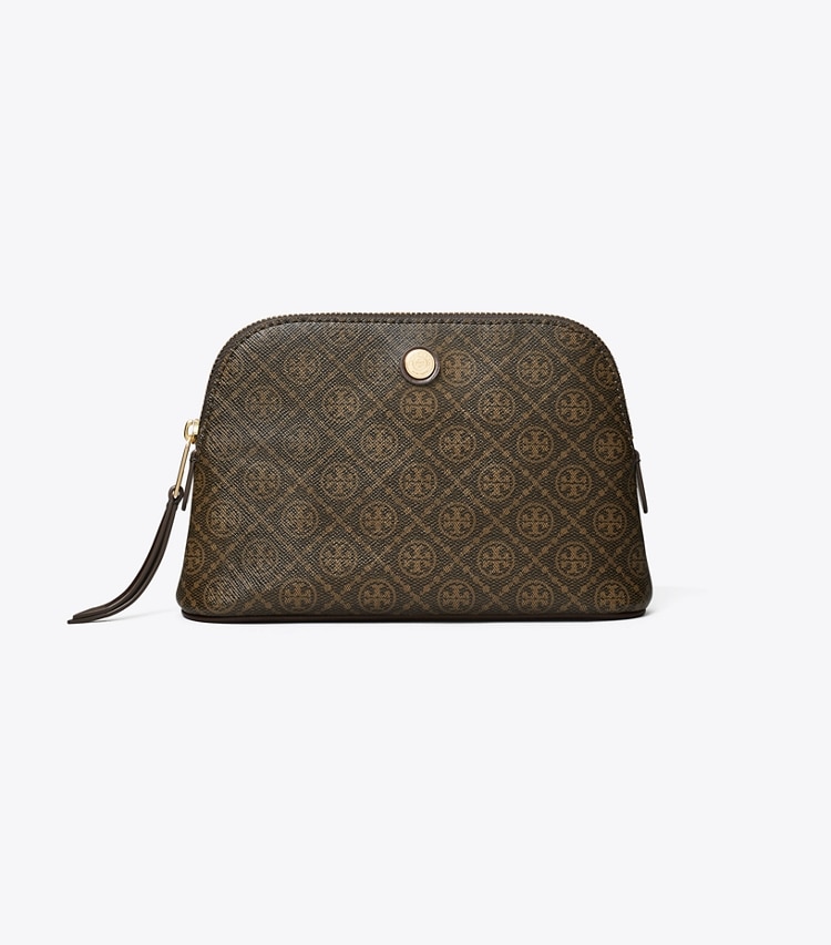 Tory Burch designer cosmetic bags T Monogram Coated Canvas Small Dome Cosmetic Case in French Press front