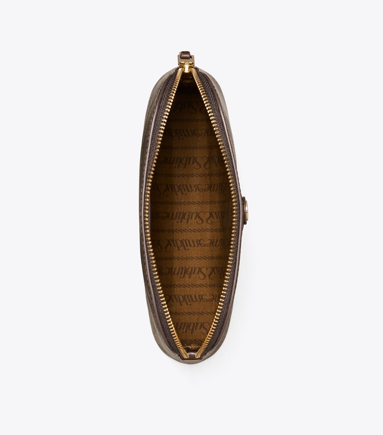 Tory Burch designer cosmetic bags T Monogram Coated Canvas Small Dome Cosmetic Case in French Press overhead
