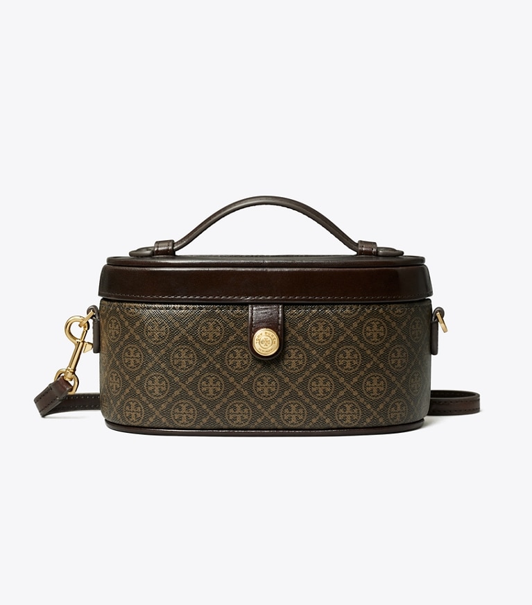 Tory Burch designer mini bags T Monogram Coated Canvas Vanity Case in French Press angle