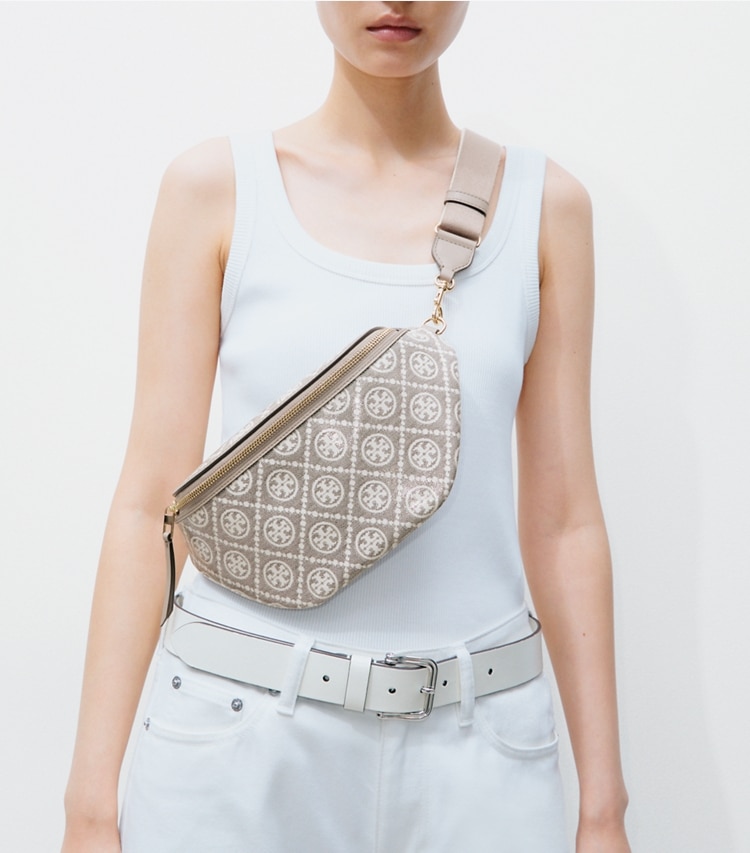 Tory Burch designer belt bags T Monogram Coated Jacquard Belt Bag in Charcoal additional on model