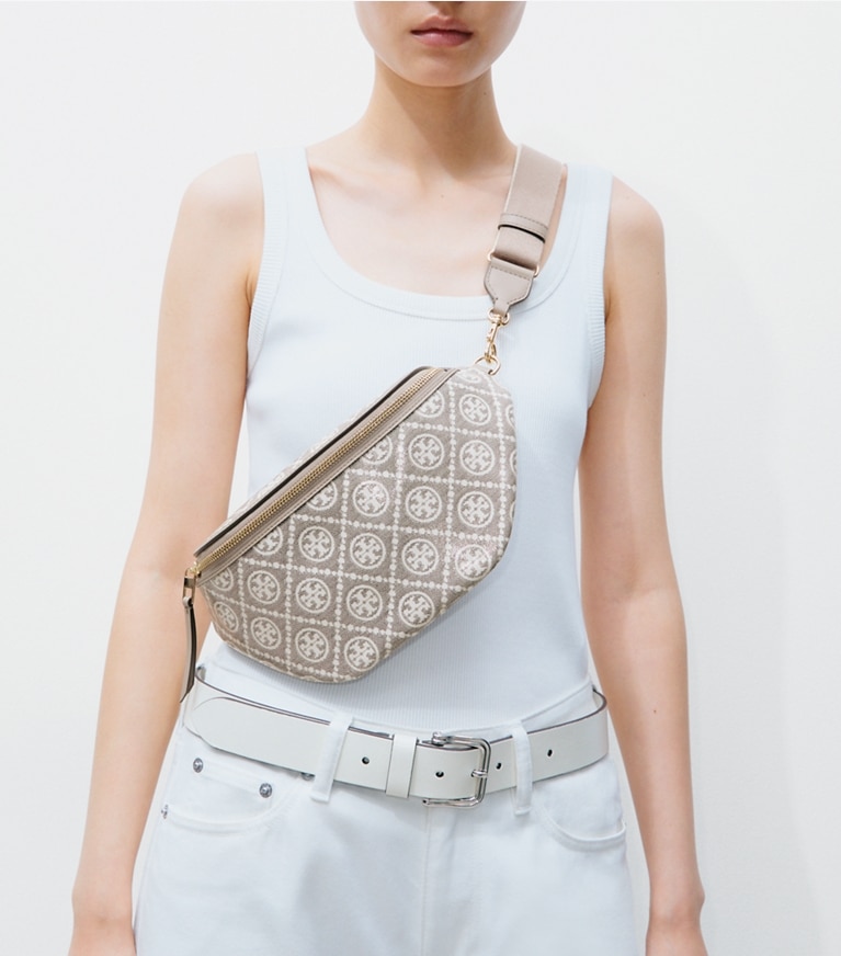 Tory Burch designer belt bags T Monogram Coated Jacquard Belt Bag in Charcoal additional on model