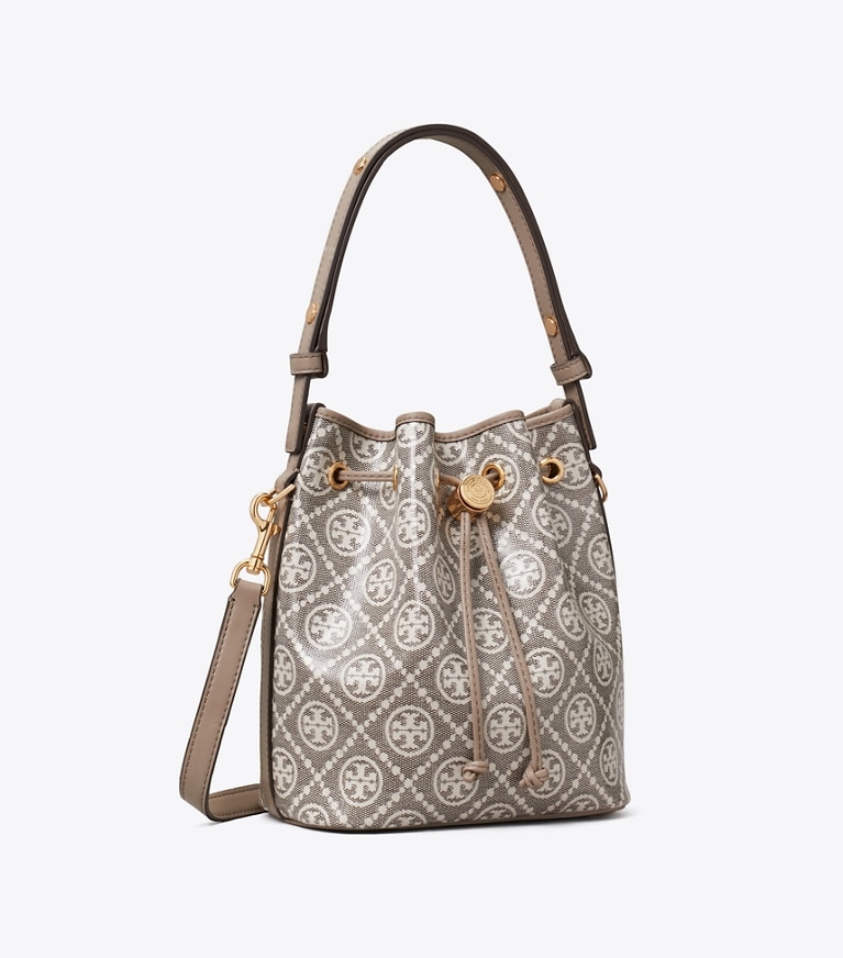 Tory Burch designer crossbody bags T Monogram Coated Jacquard Bucket Bag in Charcoal angle