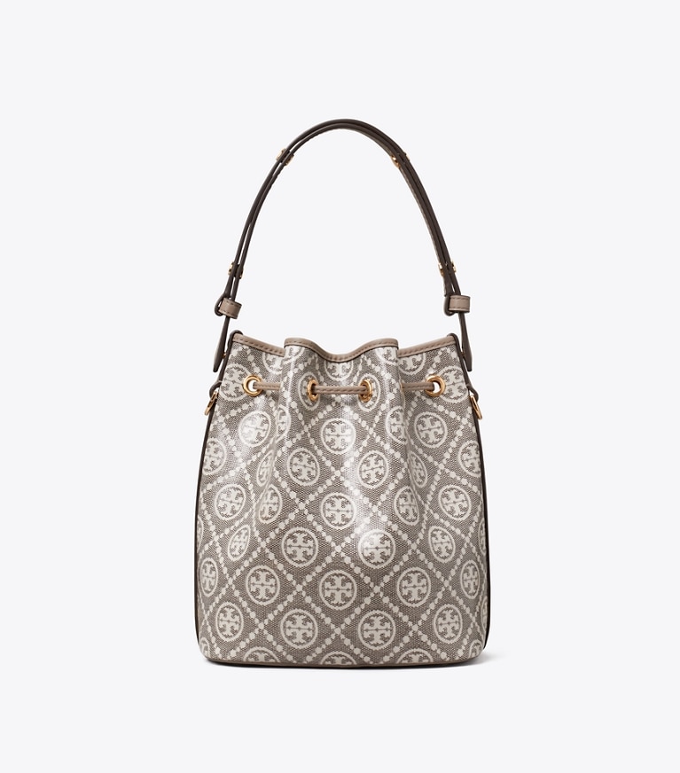 Tory Burch designer crossbody bags T Monogram Coated Jacquard Bucket Bag in Charcoal back