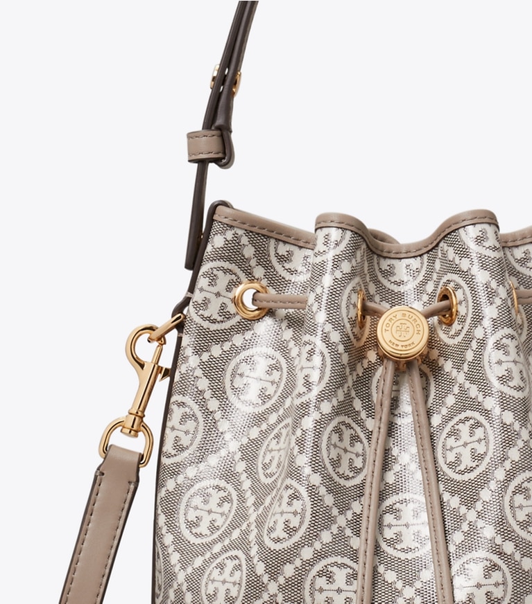 Tory Burch designer crossbody bags T Monogram Coated Jacquard Bucket Bag in Charcoal detail