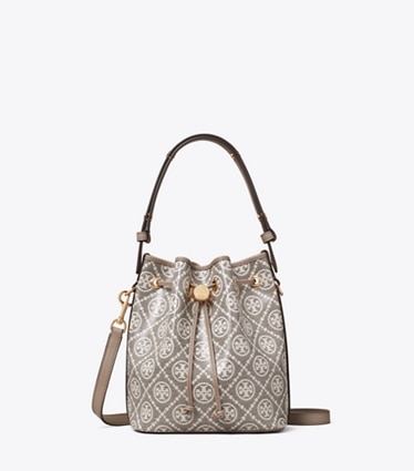 Tory Burch designer crossbody bags T Monogram Coated Jacquard Bucket Bag in Charcoal front