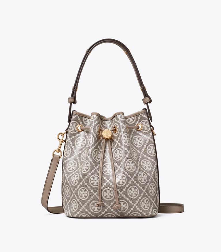 Tory Burch designer crossbody bags T Monogram Coated Jacquard Bucket Bag in Charcoal front