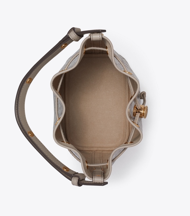 Tory Burch designer crossbody bags T Monogram Coated Jacquard Bucket Bag in Charcoal overhead