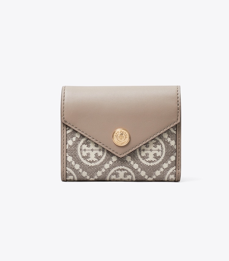 Tory Burch designer wallets T Monogram Coated Jacquard Envelope Small Wallet in Charcoal front
