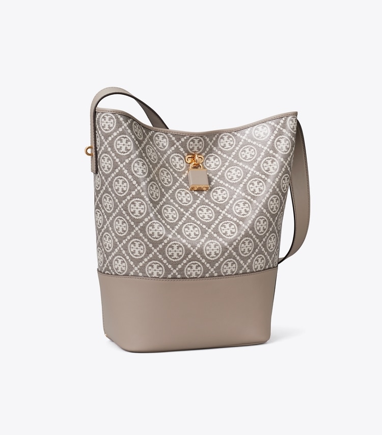 Tory Burch designer shoulder bags T Monogram Coated Jacquard Lock Slim Bucket Bag in Charcoal angle