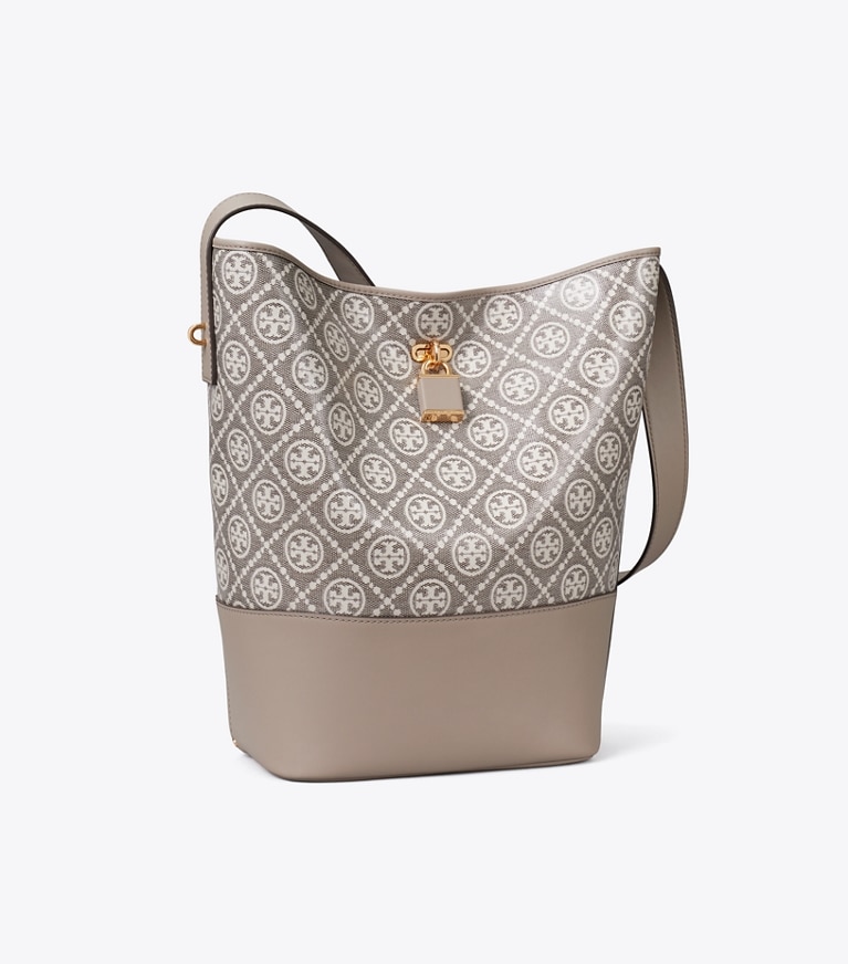 Tory Burch designer shoulder bags T Monogram Coated Jacquard Lock Slim Bucket Bag in Charcoal angle