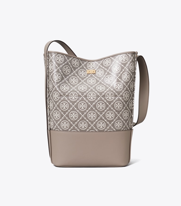 Tory Burch designer shoulder bags T Monogram Coated Jacquard Lock Slim Bucket Bag in Charcoal back