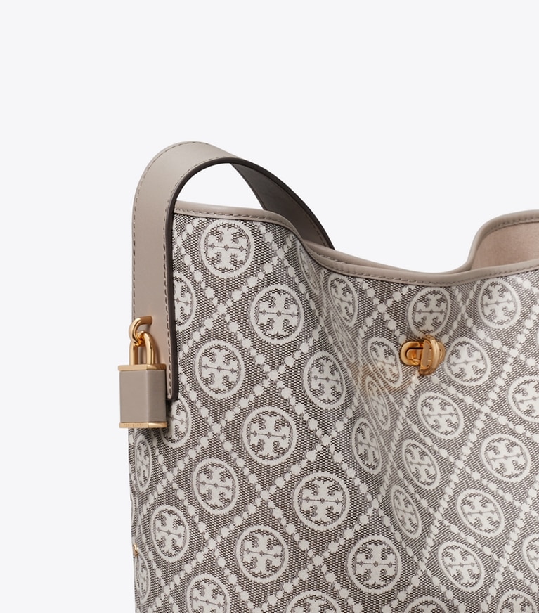 Tory Burch designer shoulder bags T Monogram Coated Jacquard Lock Slim Bucket Bag in Charcoal detail