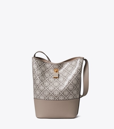 Tory Burch designer shoulder bags T Monogram Coated Jacquard Lock Slim Bucket Bag in Charcoal front