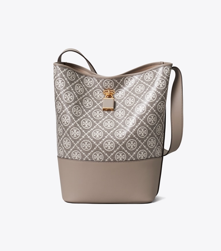 Tory Burch designer shoulder bags T Monogram Coated Jacquard Lock Slim Bucket Bag in Charcoal front