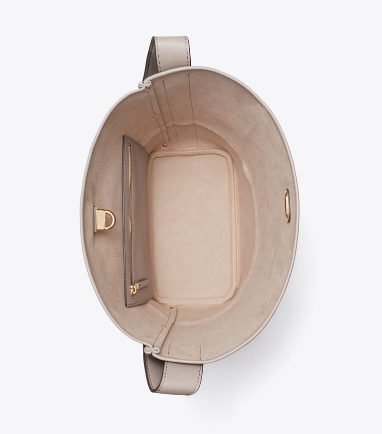 Tory Burch designer shoulder bags T Monogram Coated Jacquard Lock Slim Bucket Bag in Charcoal overhead