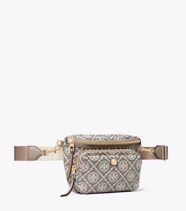 Tory Burch designer belt bags T Monogram Coated Jacquard Mini Belt Bag in Charcoal angle