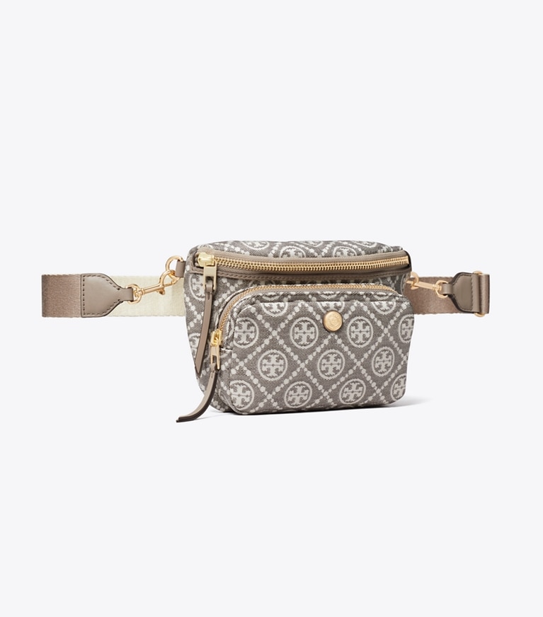 Tory Burch designer belt bags T Monogram Coated Jacquard Mini Belt Bag in Charcoal angle