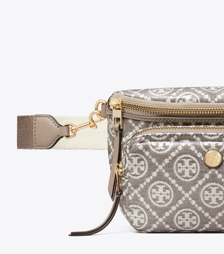 Tory Burch designer belt bags T Monogram Coated Jacquard Mini Belt Bag in Charcoal detail