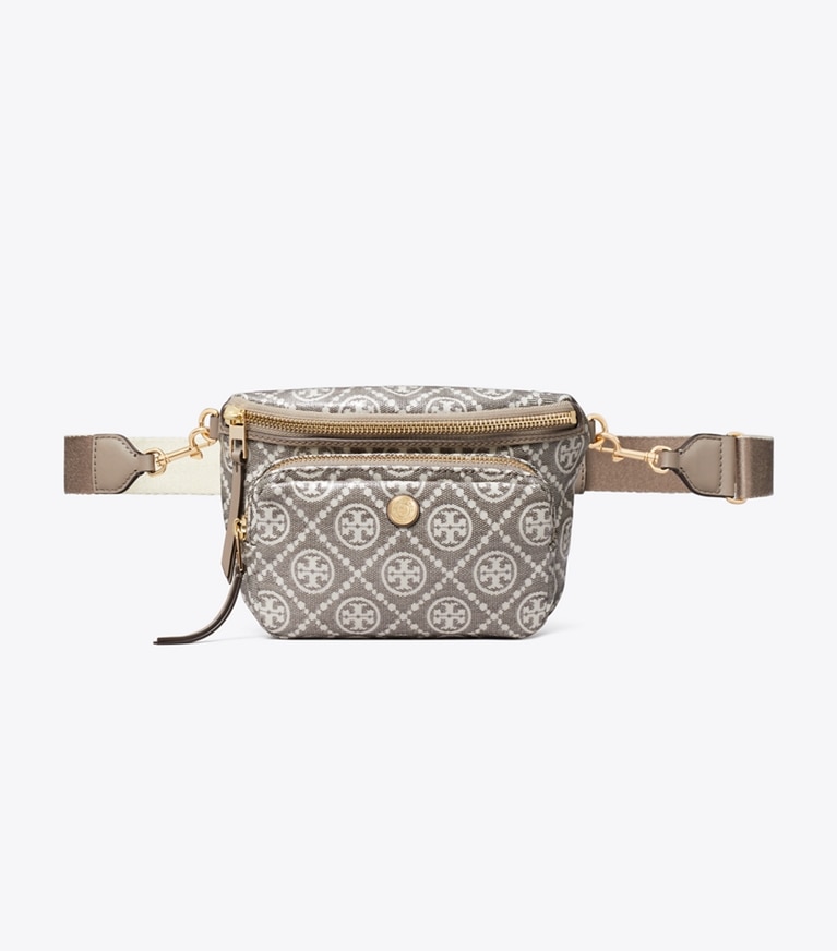 Tory Burch designer belt bags T Monogram Coated Jacquard Mini Belt Bag in Charcoal front