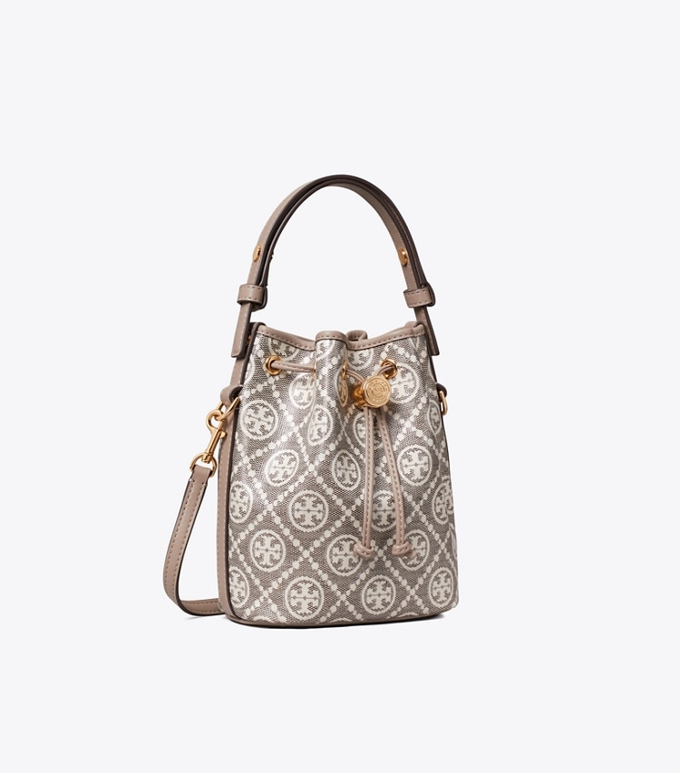 Tory Burch designer crossbody bags T Monogram Coated Jacquard Mini Bucket Bag in Charcoal angle