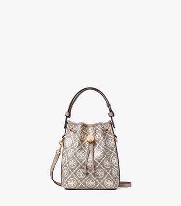 Tory Burch designer crossbody bags T Monogram Coated Jacquard Mini Bucket Bag in Charcoal front
