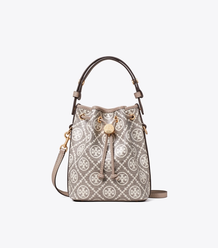 Tory Burch designer crossbody bags T Monogram Coated Jacquard Mini Bucket Bag in Charcoal front