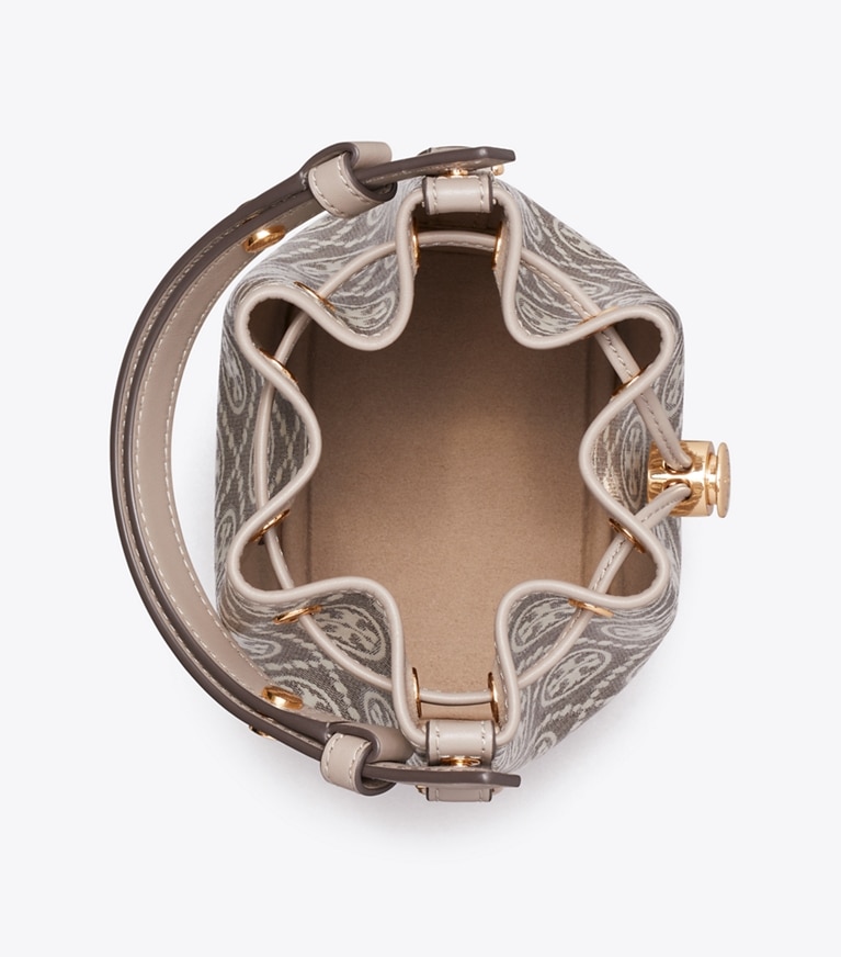 Tory Burch designer crossbody bags T Monogram Coated Jacquard Mini Bucket Bag in Charcoal overhead