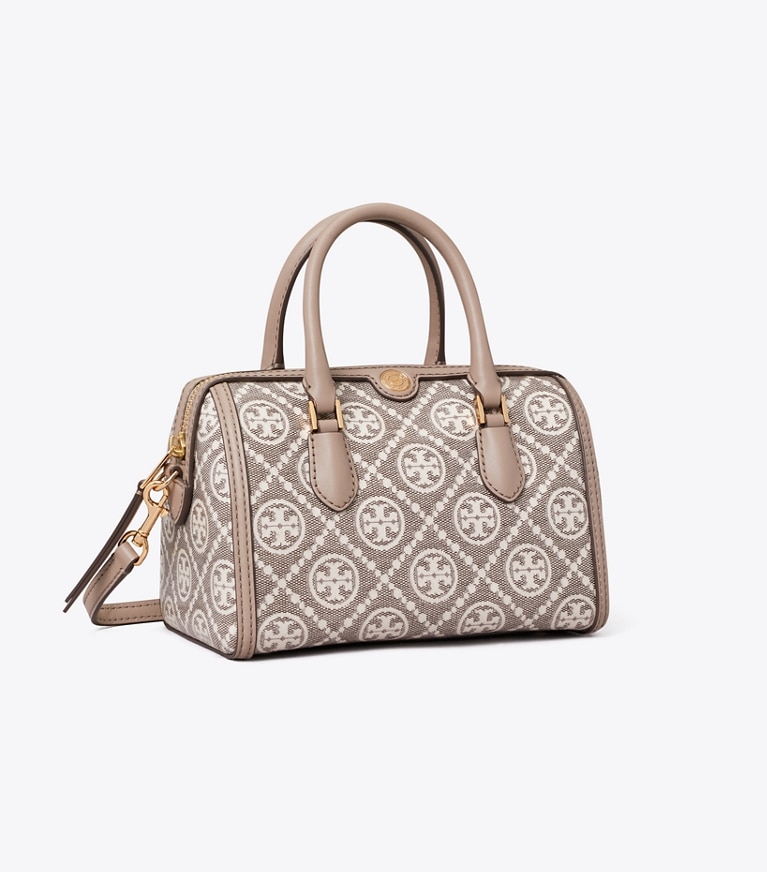 Tory Burch designer crossbody bags T Monogram Coated Jacquard Petite Barrel Bag in Charcoal angle