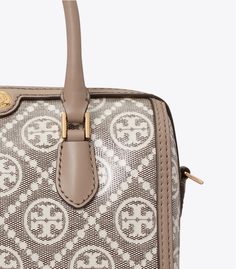 Tory Burch designer crossbody bags T Monogram Coated Jacquard Petite Barrel Bag in Charcoal detail