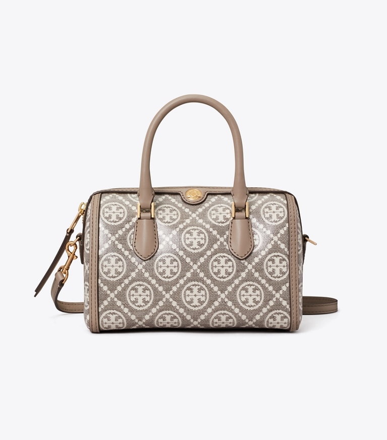 Tory Burch designer crossbody bags T Monogram Coated Jacquard Petite Barrel Bag in Charcoal front