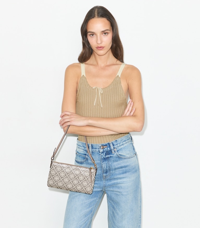 Tory Burch designer shoulder bags T Monogram Coated Jacquard Pochette in Charcoal accessory on model
