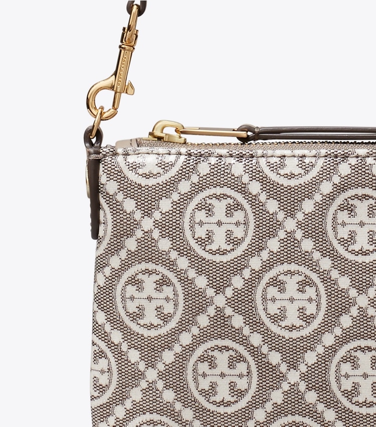 Tory Burch designer shoulder bags T Monogram Coated Jacquard Pochette in Charcoal detail