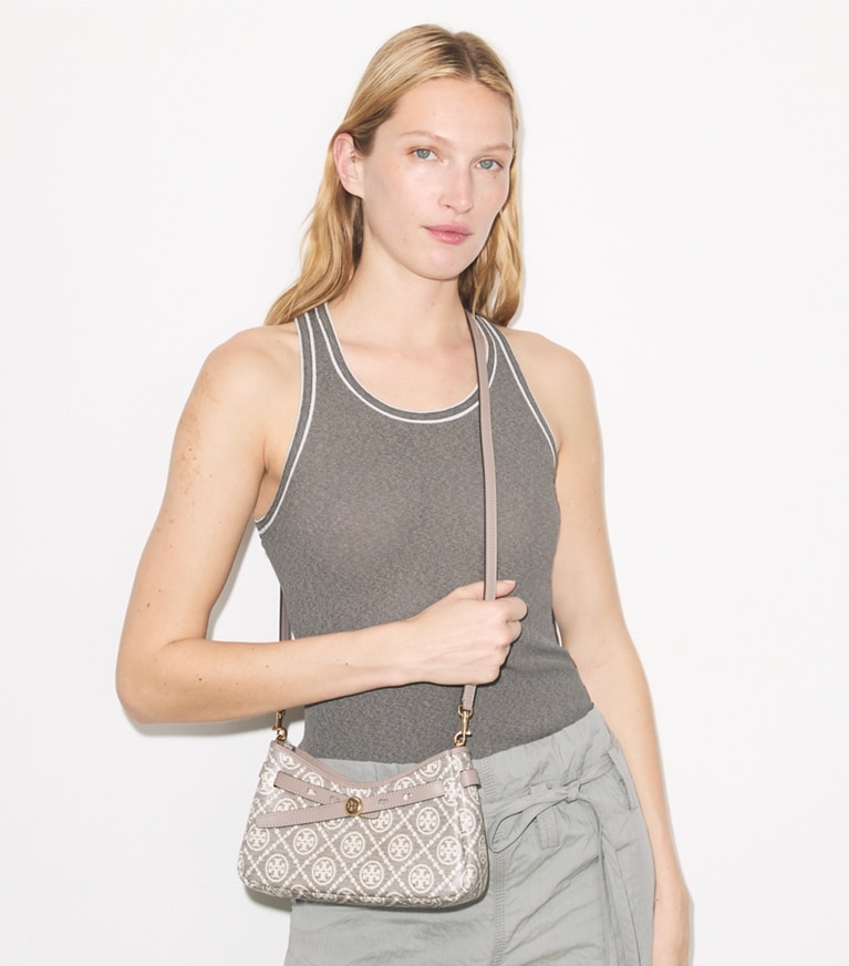 Tory Burch designer crossbody bags T Monogram Coated Jacquard Romy Zip-Top Crossbody Bag in Charcoal accessory on model