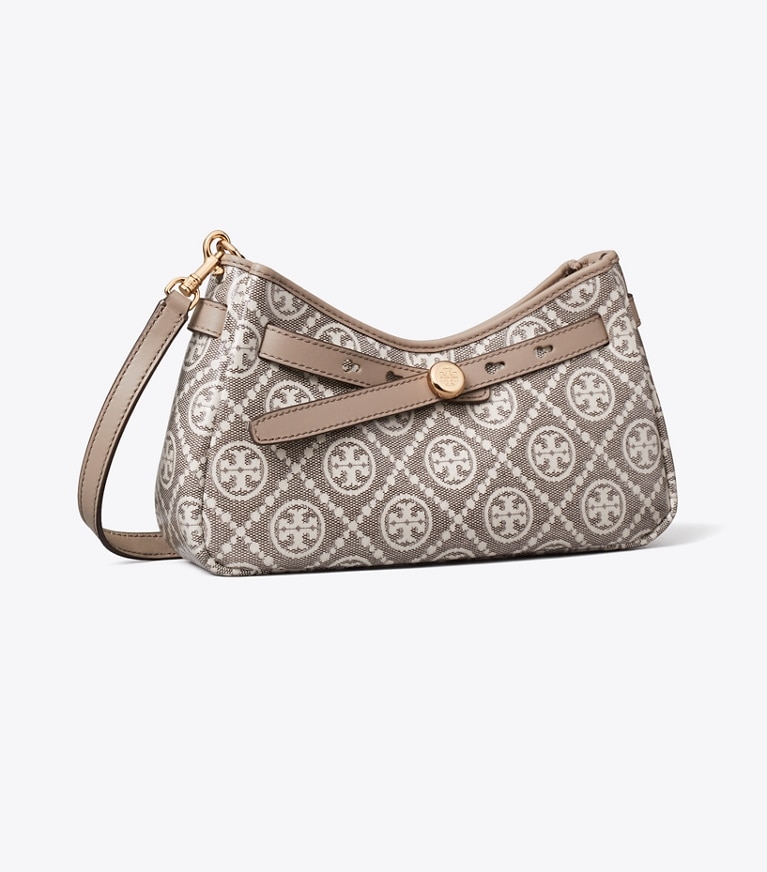 Tory Burch designer crossbody bags T Monogram Coated Jacquard Romy Zip-Top Crossbody Bag in Charcoal angle