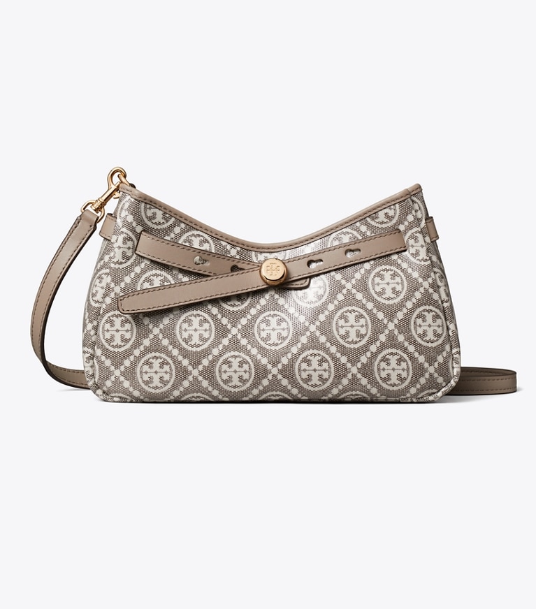 Tory Burch designer crossbody bags T Monogram Coated Jacquard Romy Zip-Top Crossbody Bag in Charcoal front
