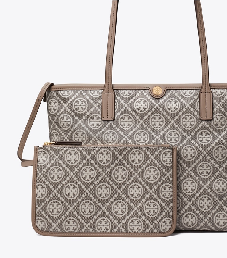 Tory Burch designer tote bags T Monogram Coated Jacquard Small Zip Tote in Charcoal detail