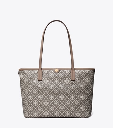 Tory Burch designer tote bags T Monogram Coated Jacquard Small Zip Tote in Charcoal front