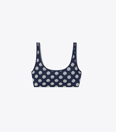 Tory Burch designer sports bras T Monogram Compression Scoop-Neck Bra in Tory Navy Engraved Logo front