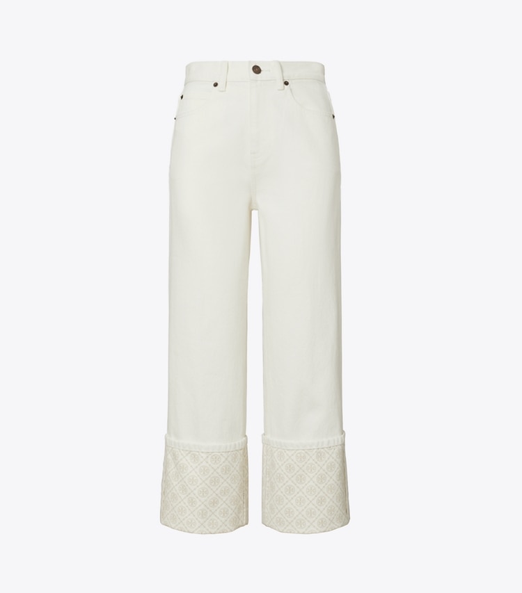 Tory Burch designer bottoms T Monogram Contrast Cuff Straight-Leg Jean in White front