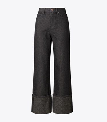 Tory Burch designer bottoms T Monogram Contrast Cuff Straight Leg Jean in Rinse Wash front