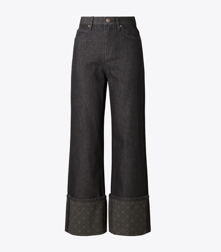 Tory Burch designer bottoms T Monogram Contrast Cuff Straight Leg Jean in Rinse Wash front