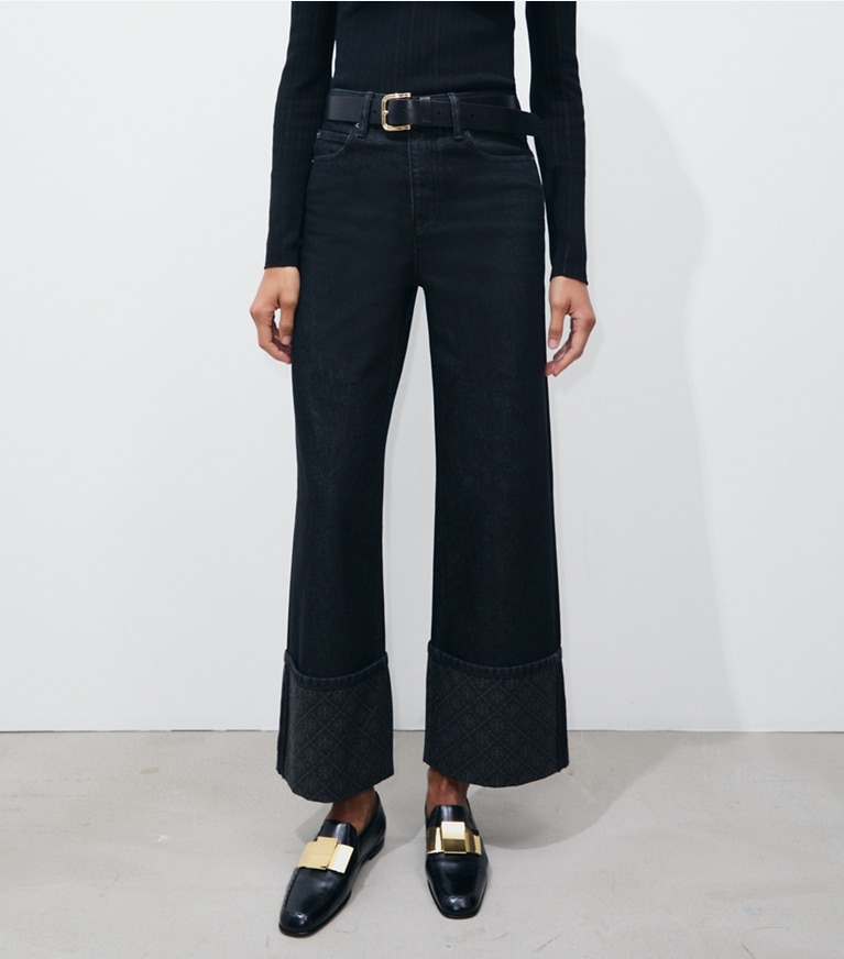 Tory Burch designer bottoms T Monogram Contrast Cuff Straight Leg Jean in Rinse Wash on model detail